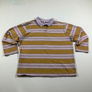 MONKL Polo Shirt Sz M Women Yellow Purple Long Sleeve Stripe Pastel Preppy Retro